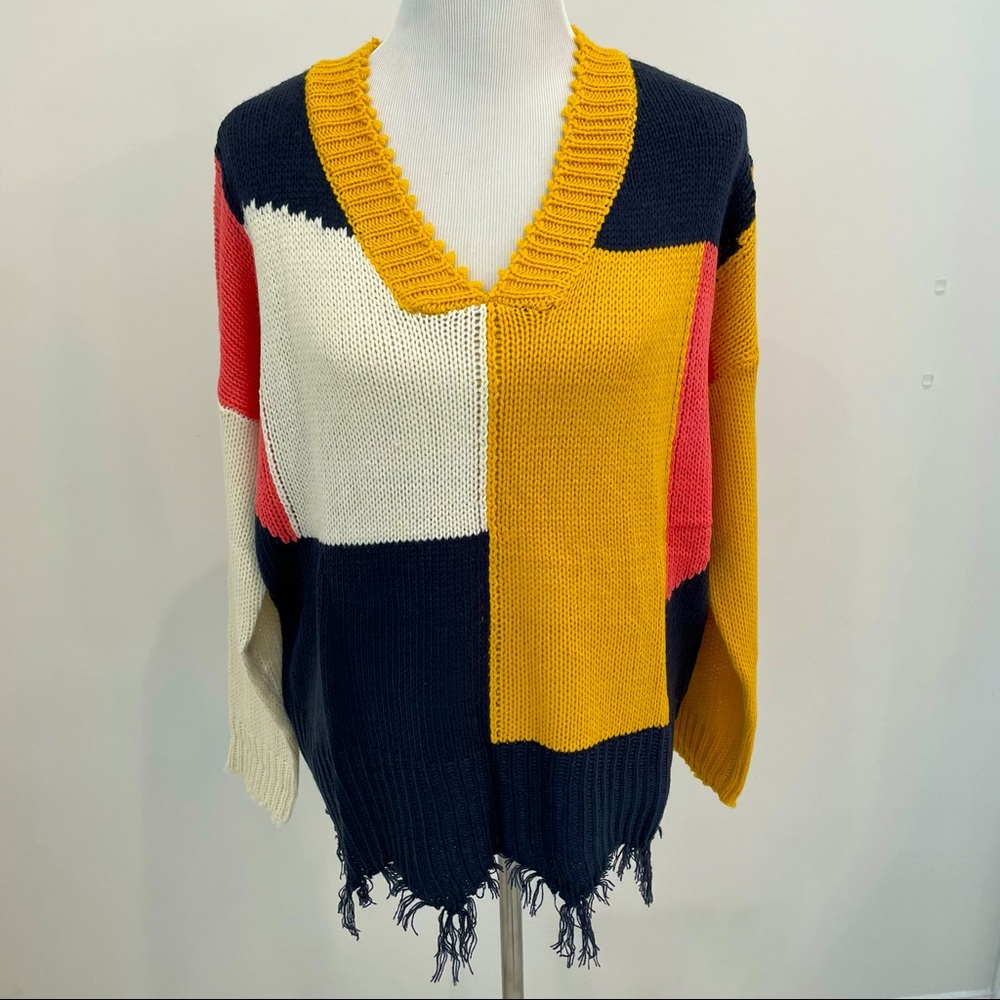 NWOT - Color Block V- Neck Frayed Sweater - Size M